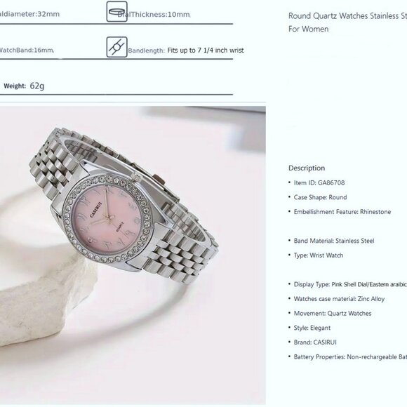 Casiru Ladies Rhinestone Bezel w/Pink Shell Dial Quartz Watch Stainless Bracelet - Picture 9 of 11